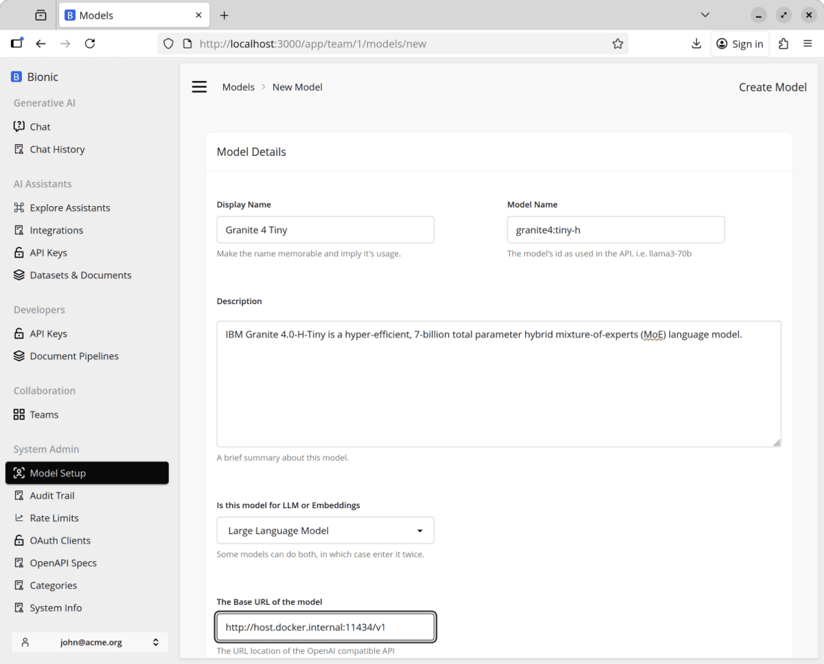 Configure the local Granite model in Bionic