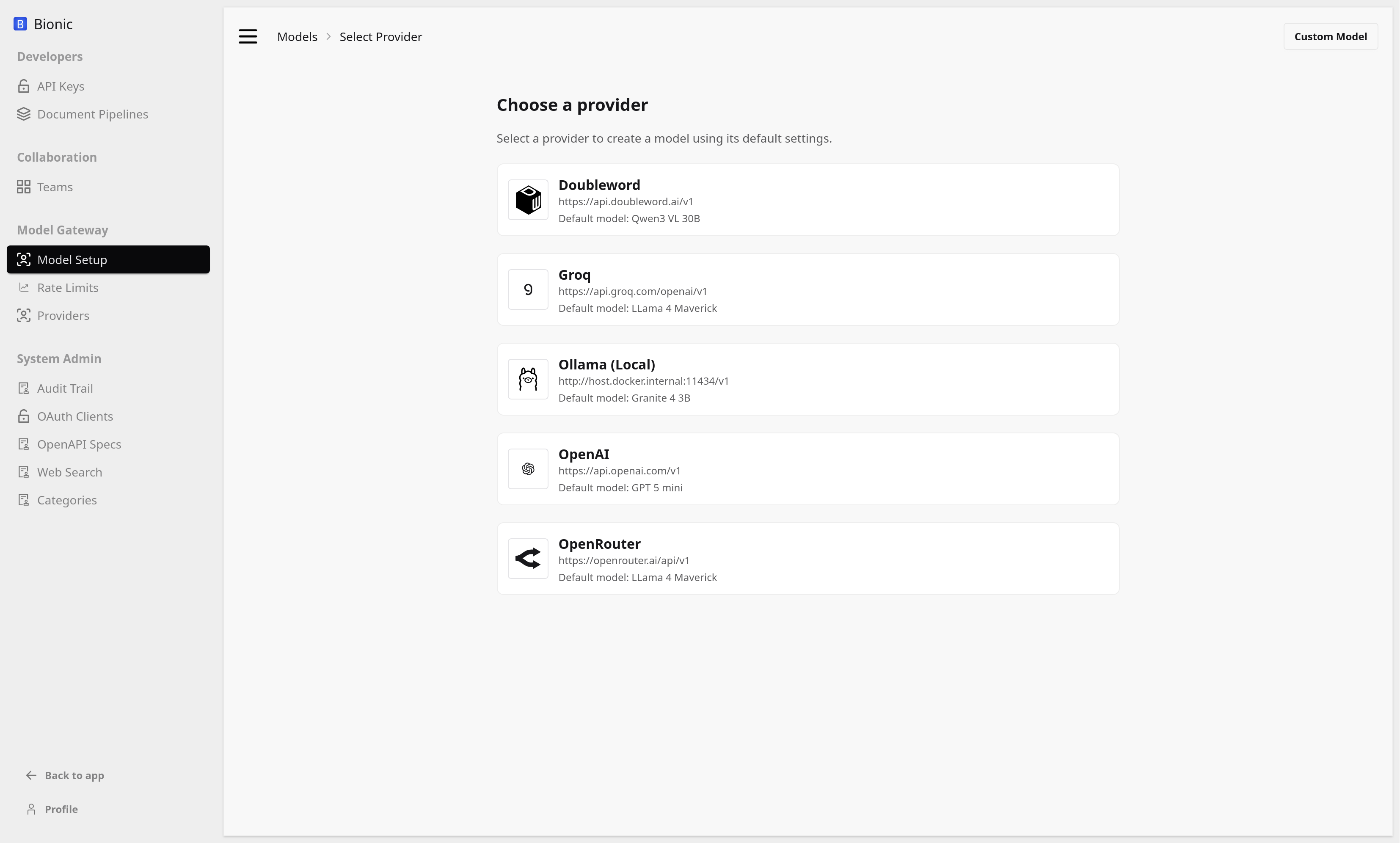 Select an API provider when creating a model in Bionic