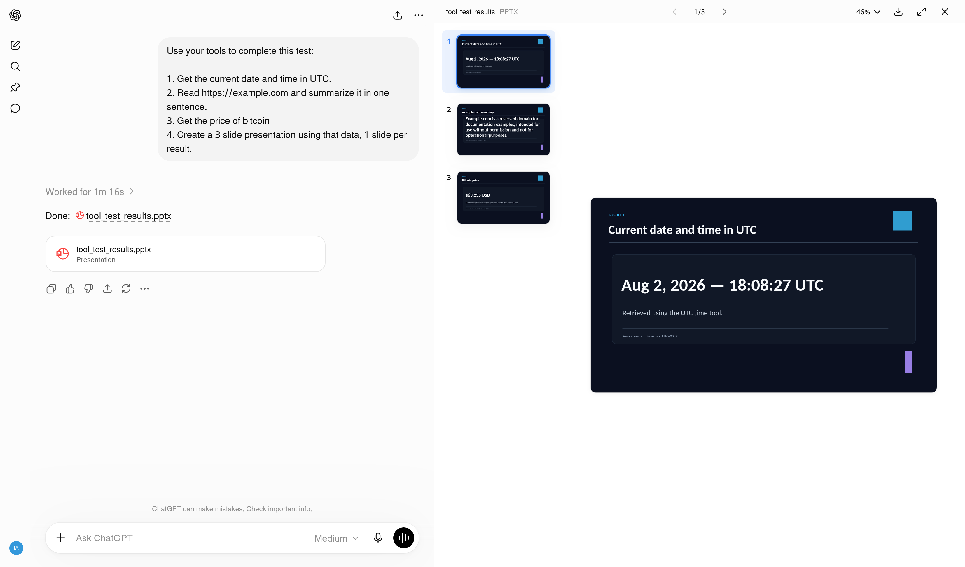ChatGPT running the platform test