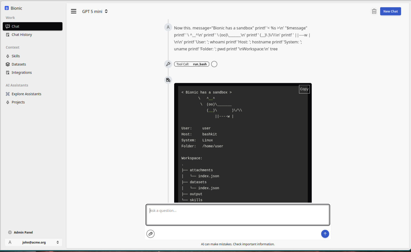 Bionic GPT sandbox interface screenshot