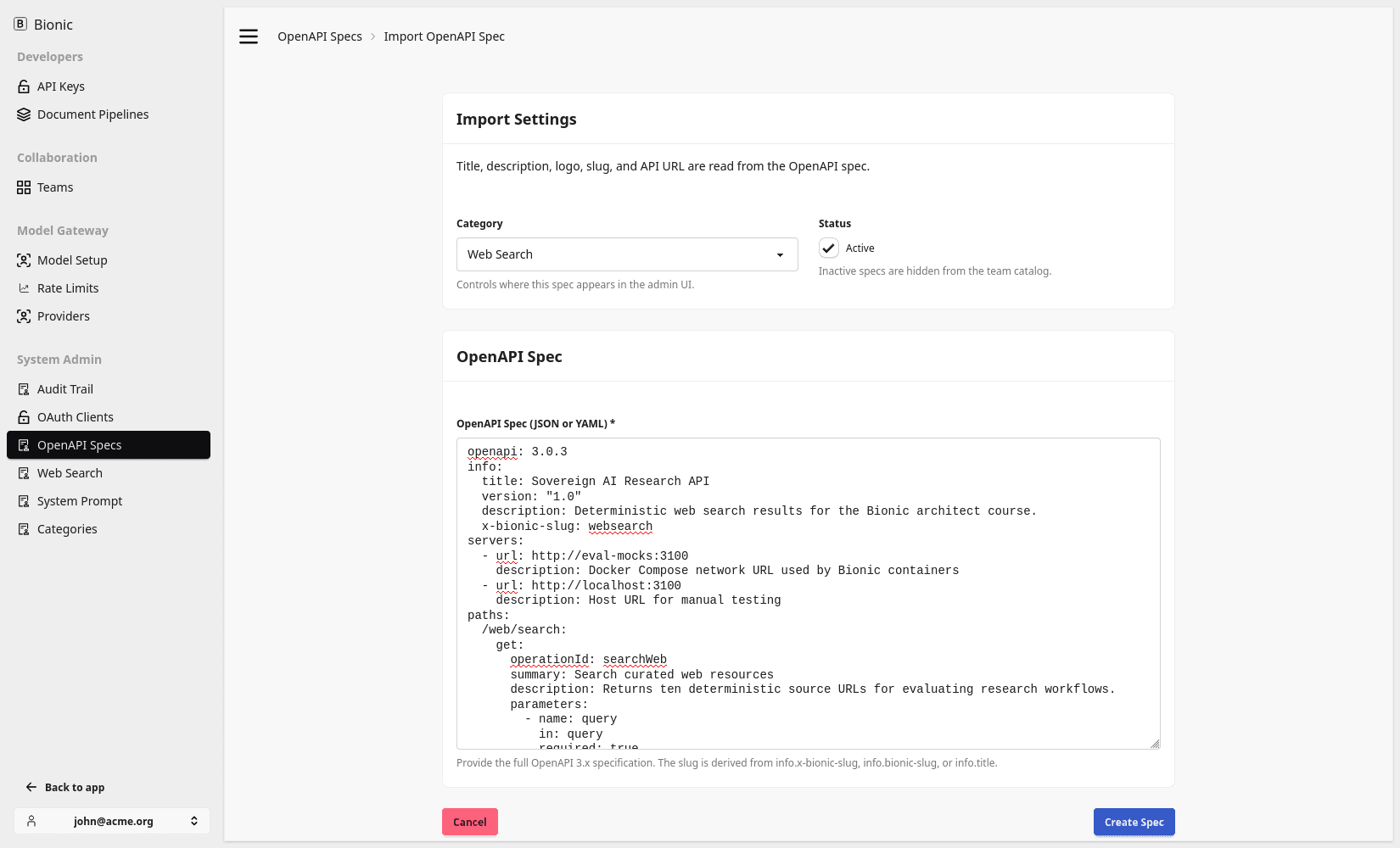 Add the research OpenAPI spec in Bionic