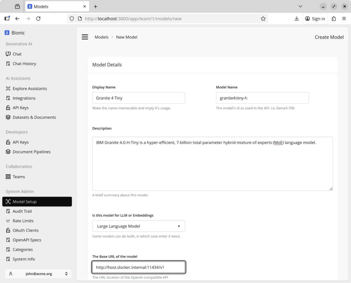 Configure the local Granite model in Bionic